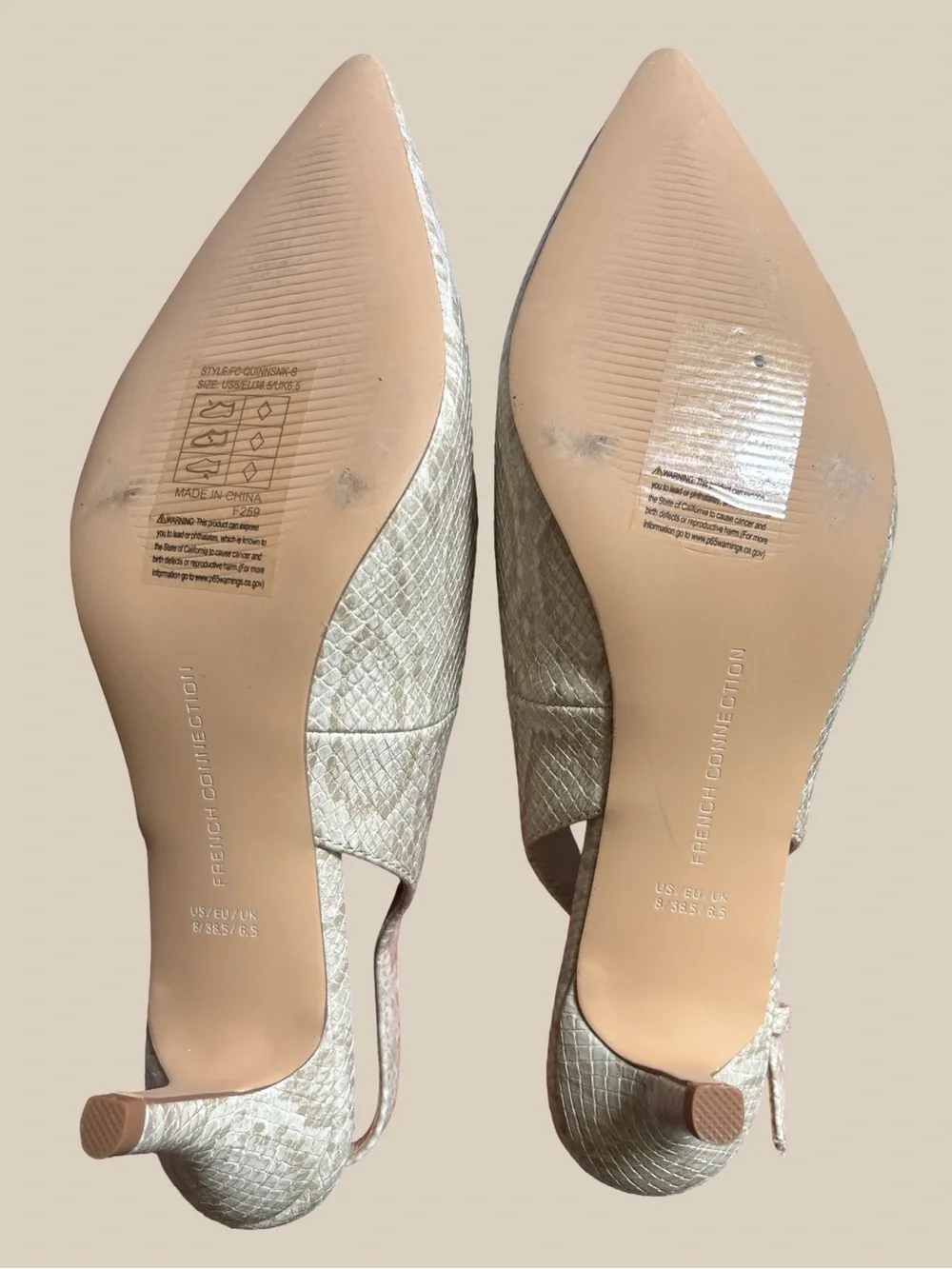 French Connection Quinn Sling Back Kitten Heels Cream Snakeskin Pointed Toe NWOB